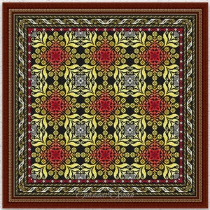 May include: A framed cross-stitch pattern with a repeating floral design in shades of yellow, red, and black. The pattern is bordered by a brown frame with intricate detailing. The text "INSTANT DOWNLOAD PDF" is visible at the bottom.
