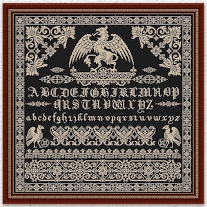 Padrão de ponto cruz contado Griffon Quaker Sampler. Ponto cruz Griffon. Design de bordado monocromático. Gráfico de ponto cruz em estilo antigo #S149*