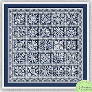 Patrón de punto de cruz quaker sampler monocromo Edredón punto de cruz Patchwork cuadrados bordado Muestra de azulejos geométricos xstitch chart #S2