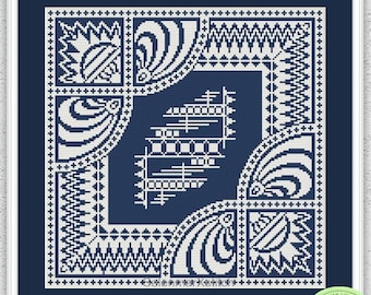 May include: A cross stitch pattern featuring a geometric design with white and gray stitching on a dark blue background. The pattern is framed in a white frame. The text "Selennar Xstitch" is in a circle at the bottom right corner of the image.