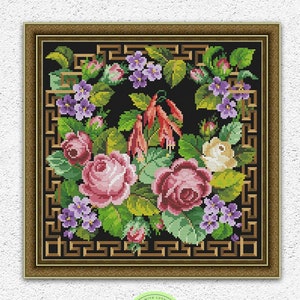 Patrón antiguo de punto de cruz contado de rosas y violetas, diseño de bordado de hojas y flores, muestrario de almohada floral, gráfico de punto de cruz #S157