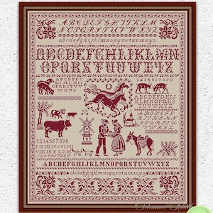 Country quaker sampler cross stitch pattern Village cross stitch Farm animals embroidery design Antique alphabet sampler xstitch chart #379