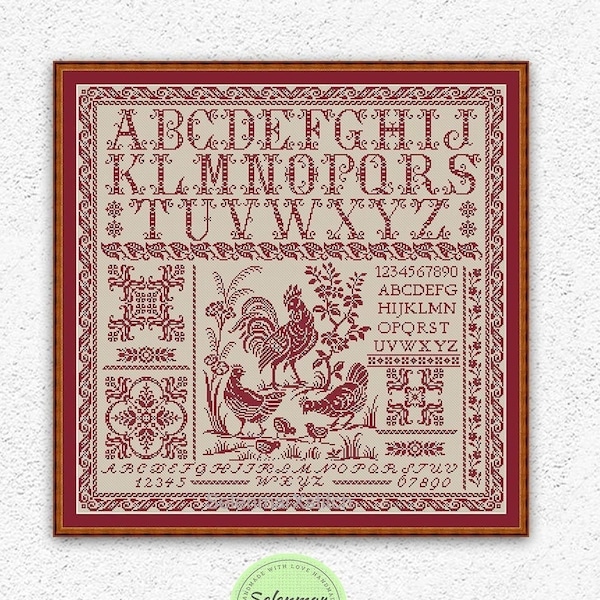 Quaker sampler cross stitch pattern Birds, rooster, hens, chickens xstitch chart Rustic farmhouse alphabet sampler embroidery design #329