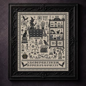 May include: A black and beige cross-stitch sampler featuring a witch, a cabinet filled with jars, a cat, skeletons, a raven, a cauldron, and various occult symbols. The alphabet is stitched at the bottom, all enclosed in an ornate black frame.