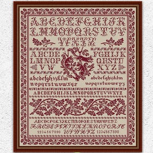 Patrón de punto de cruz monocromático de ardillas, diseño de bordado de muestrario de alfabeto antiguo, bellotas, hojas de roble, adorno, gráfico de puntada xstitch n.° 283*