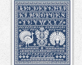 Peacocks quaker sampler cross stitch pattern Flower cornucopia embroidery design Antique floral alphabet sampler xstitch pattern #144