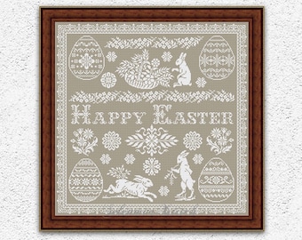 Monochrome Easter cross stitch pattern Easter eggs embroidery design Happy Easter primitive sampler Easter bunny rabbit xstitch chart #S207*