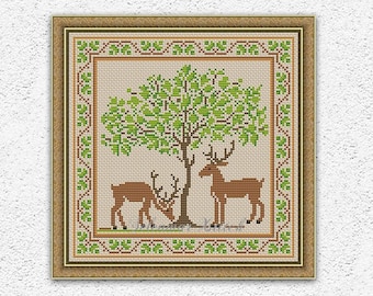 Two reindeer counted cross stitch pattern Deer cross stitch Animals embroidery design Primitive cross stitch Tree Nature xstitch chart #1002