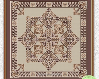 Könnte beinhalten: Kreuzstichmuster mit einem geometrischen Design in Braun und Beige. Das Muster ist in einem braunen Rahmen gerahmt und hat einen weißen Hintergrund. Das Muster trägt den Titel "Selentitch" und enthält den Text "Mit Liebe gemacht, handgefertigt mit Liebe".