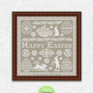 Monochrome Easter cross stitch pattern Easter eggs embroidery design Happy Easter primitive sampler Easter bunny rabbit xstitch chart #S207*