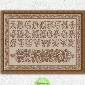 Monochrome vintage alphabet cross stitch pattern Fruits quaker sampler embroidery design Floral letters counted xstitch chart #250