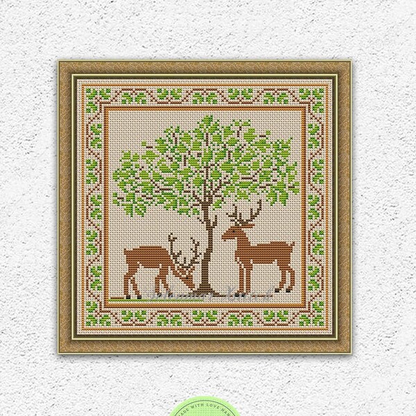 Two reindeer counted cross stitch pattern Deer cross stitch Animals embroidery design Primitive cross stitch Tree Nature xstitch chart #1002