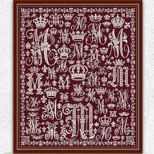 Monochrome royal letter M sampler cross stitch pattern Vintage monogram embroidery Floral letter cross stitch Initial counted xstitch #S521