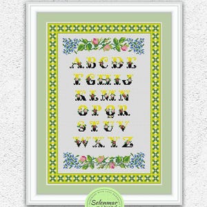 Floral alphabet cross stitch antique pattern Blooming flowers letters embroidery design Roses Buds Leaves Quaker sampler xstitch chart #S40