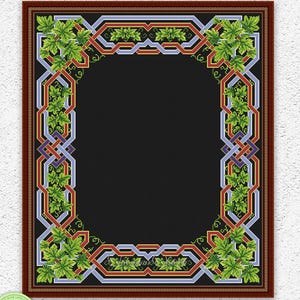 May include: A cross stitch pattern featuring a rectangular border with a black center. The border consists of intertwined red and light blue geometric lines decorated with clusters of green maple leaves. The design is enclosed in a dark brown frame.