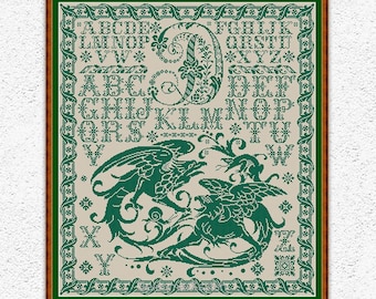 Dragons Wyvern counted cross stitch pattern Quaker sampler embroidery design Antique ornament Alphabet sampler xstitch chart #376