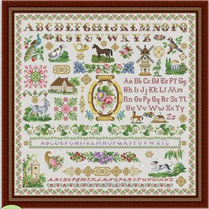May include: A framed cross-stitch sampler with floral, animal, and alphabet motifs. The design includes a peacock, dog, horse, windmill, and house. The text "INSTANT DOWNLOAD PDF" is at the bottom.
