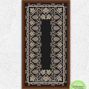May include: A rectangular cross-stitch pattern featuring a black background with a cream-colored border of grape clusters, vine leaves, and scrolling tendrils. The design is enclosed in a thin brown frame and includes the text Selenmar Xstitch.