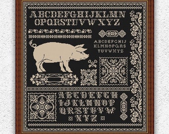 Country monochrome cross stitch pattern Quaker cross stitch Pig Farm animal embroidery design Antique ornament xstitch chart #S111