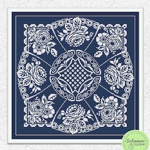 Patrón de punto de cruz monocromo de rosas Punto de cruz de rosas Diseño de bordado cuadrado de flores Adorno antiguo floral xstitch chart #55*