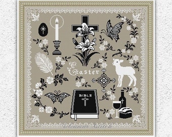 Easter sampler counted cross stitch pattern Religious embroidery design Monochrome cross stitch Christian cross stitch xstitch chart #S213
