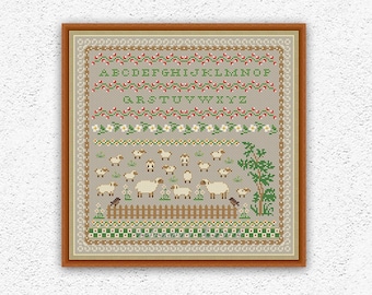 Country quaker sampler cross stitch pattern Sheep in the meadow embroidery design Spring cross stitch Sheep primitive xstitch chart #1005*