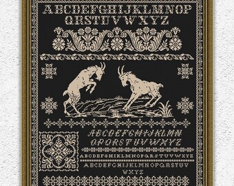 Monochrome cross stitch pattern Quaker cross stitch Two mountain goats embroidery design Alphabet sampler antique style xstitch chart #S164