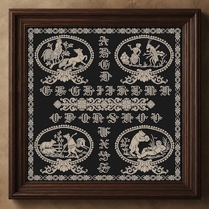 Motif de point de croix monochrome de fable ancienne broderie quaker renard coq loup Xstitch compté # S232
