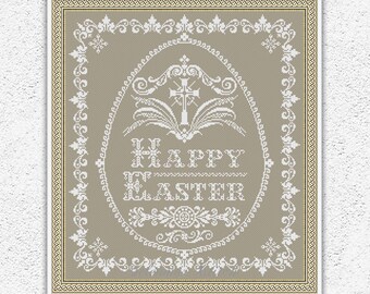 Monochrome Easter egg cross stitch pattern Happy Easter cross stitch sampler Christian cross embroidery Antique style xstitch chart #S208*