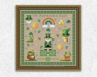 St Patricks Day primitive cross stitch pattern Patricks pot of gold Rainbow Irish clover embroidery Lucky leprechaun xstitch chart PDF #S205