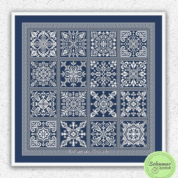 Monochrome cross stitch pattern Quilt cross stitch Patchwork embroidery Tile cross stitch Geometric square xstitch chart PDF #383*