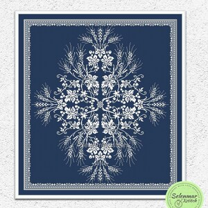 May include: A white cross-shaped design with floral and wheat motifs on a dark blue background. The design is surrounded by a white border.