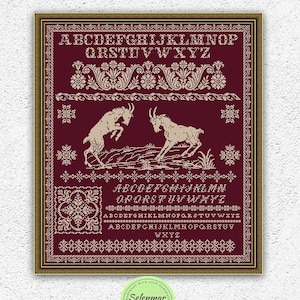 Monochromes Quäker-Sampler-Kreuzstichmuster, gezähltes Kreuzstichmuster, zwei Bergziegen, Stickerei, antiker Stil, Xstitch-Chart, digitaler PDF-Download #S164*