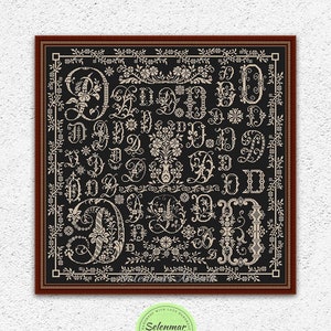 Padrão de ponto cruz monocromático antigo, letra floral d, amostrador de design de bordado, alfabeto xstitch, gráfico digital, download de pdf # s209