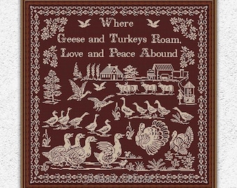 Country monochrome cross stitch pattern Geese and Turkeys embroidery design Farmyard Birds Village xstitch chart Quote cross stitch #S258