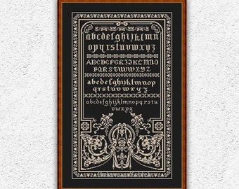 Monochrome quaker sampler counted cross stitch pattern Dragons cross stitch Alphabet embroidery design Antique style xstitch chart PDF #S79*