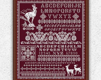 Monochrome quaker sampler counted cross stitch pattern Mountain goat cross stitch Rustic embroidery Antique style xstitch chart PDF #S154*