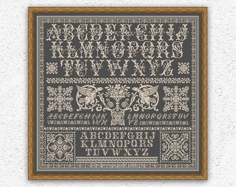 Two birds monochrome cross stitch pattern Quaker cross stitch embroidery Floral letters cross stitch Antique style xstitch chart #150*