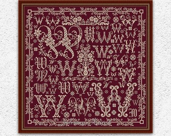 書道 W Capital Letter W Sampler Cross Stitch Pattern Floral Letter Cross