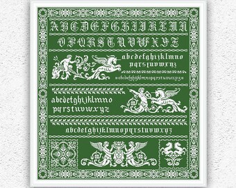 Quaker sampler cross stitch pattern Monochrome cross stitch Water God Goddesses Underwater Horses embroidery Ancient mythology xstitch #S133