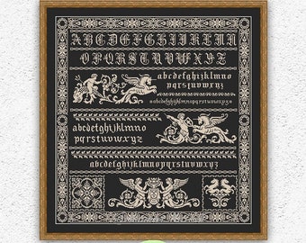 Monochrome quaker sampler cross stitch pattern God Goddesses Underwater Horses Ancient mythology embroidery Antique xstitch chart PDF #S133
