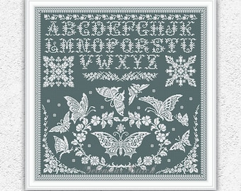 Butterflies quaker sampler counted cross stitch pattern Monochrome embroidery Floral alphabet xstitch chart Digital PDF download #S152*