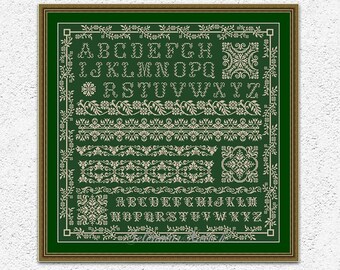 Monochrome cross stitch pattern Quaker cross stitch Antique style embroidery design Floral alphabet sampler xstitch chart PDF #S138