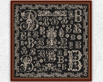 Monochrome letter B sampler counted cross stitch pattern Antique embroidery Monochrome cross stitch Floral ornament xstitch chart PDF #S206
