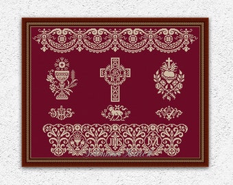 Antique monochrome sampler cross stitch pattern Easter cross stitch Religious embroidery Christian cross stitch Cross xstitch chart #S215*