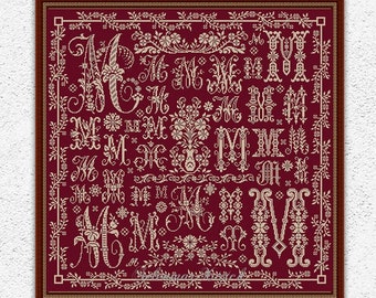 Patrón de punto de cruz de muestra de letra M monocromática Diseño de bordado de alfabeto floral Punto de cruz monocromo Estilo antiguo xstitch chart #S217