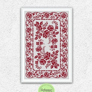 May include: Cross stitch pattern featuring a floral design with red roses and leaves in a white frame. The pattern is titled "Instant Download PDF" and includes the logo "Selenmar Xstitch" with the text "Handmade with love, handmade with love".