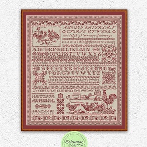 Country monochrome cross stitch pattern Birds Rooster and chickens Farmhouse embroidery design Rustic alphabet sampler xstitch chart #S76*