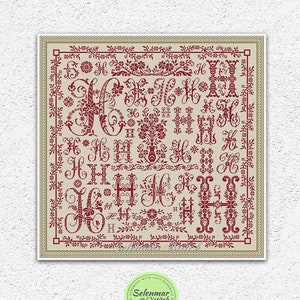 Floral letter H sampler cross stitch pattern Monochrome letter cross stitch Vintage alphabet embroidery Antique monogram xstitch #S213*