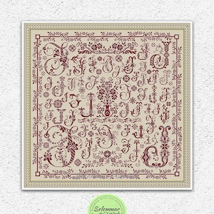 Floral letter J sampler counted cross stitch pattern Monochrome cross stitch Vintage style embroidery design Antique alphabet xstitch #S214